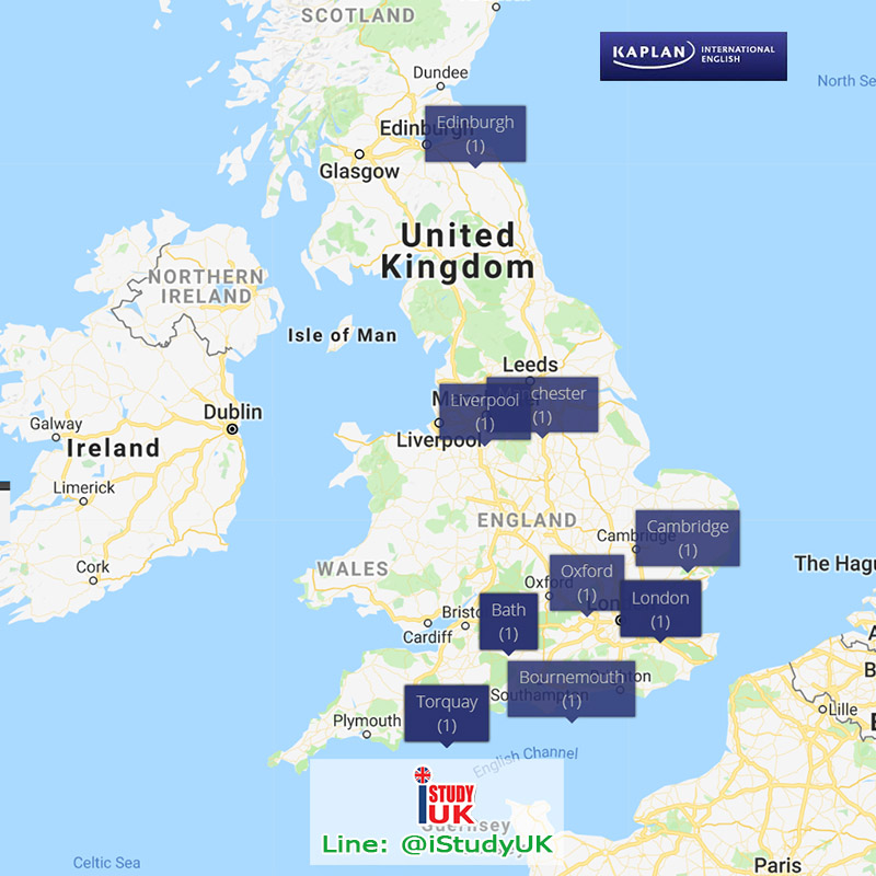 สมัครเรียนภาษาอังกฤษที่โรงเรียนแคบแลนในประเทศอังกฤษ Kaplan UK Bath Bournemouth Cambridge Edinburgh Liverpool London Covent Garden (ages 16-24) London Leicester Square (ages 25+) Manchester Oxford Torquay UK